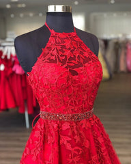 Mini Dress, Halter Neck Short Red Lace Prom Dresses, Short Red Lace Formal Homecoming Dresses