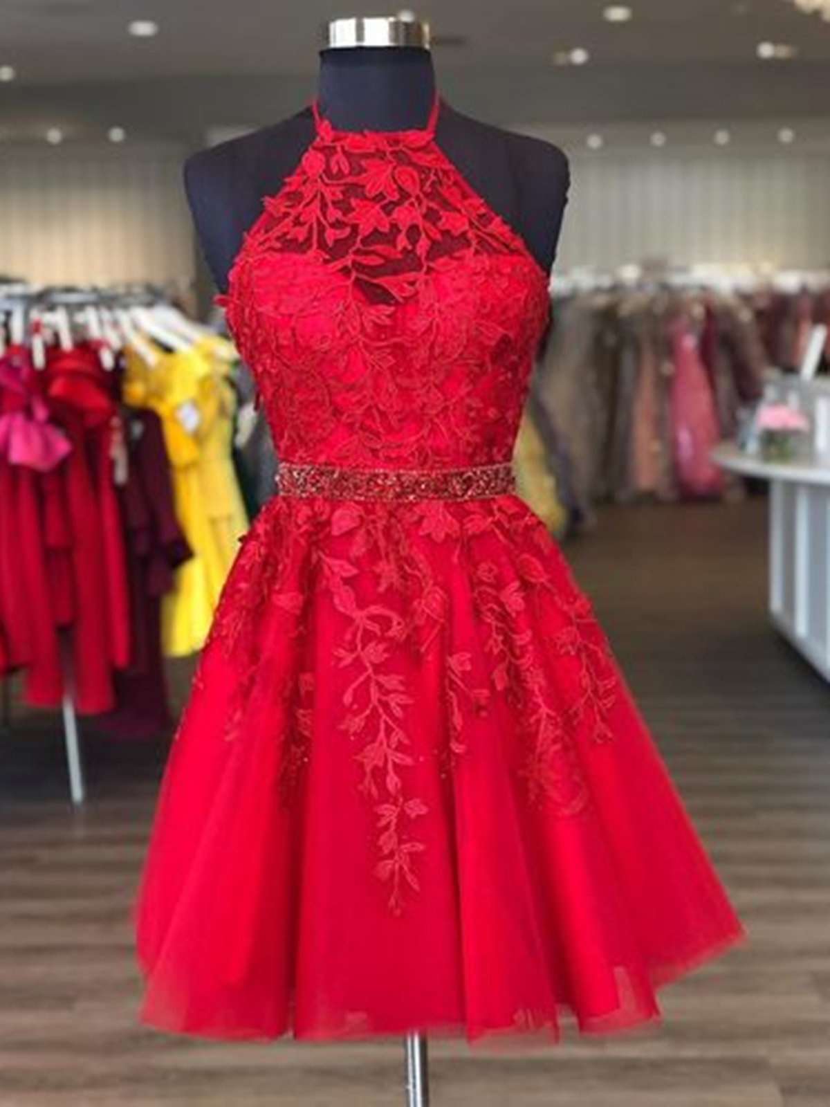 Ball Gown, Halter Neck Short Red Lace Prom Dresses, Short Red Lace Formal Homecoming Dresses