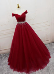 Long Dress Outfit, Handmade A-line Prom Dress , Off Shoulder Wine Red Party Dress