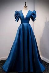 Party Dresses Short Clubwear, Blue V Neck Satin Short Sleeves Long Prom Dress Blue Satin Evening Dress