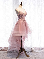 Party Dresses Classy Christmas, High Low Pink Lace Prom Dresses, Pink High Low Formal Graduation Homecoming Dresses