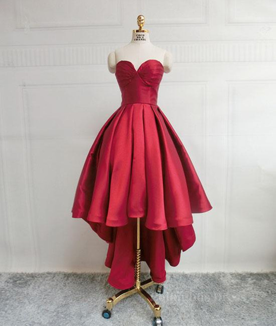 Bridesmaid Dresses Beach, High Low Sweetheart Neck Strapless Backless Satin Red Prom Dresses, Red Graduation Dresses, Red Backless Formal Evening Dresses