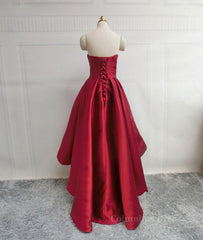 Bridesmaid Dresses Short, High Low Sweetheart Neck Strapless Backless Satin Red Prom Dresses, Red Graduation Dresses, Red Backless Formal Evening Dresses