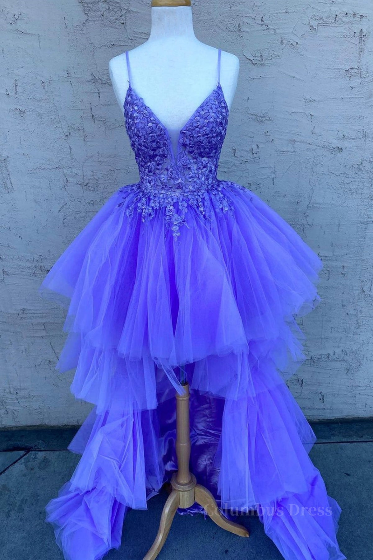 Bridesmaid Dresses Uk, High Low V Neck Purple Lace Long Prom Dress, Lilac Lace Formal Dress, Purple Evening Dress