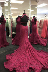 Glamorous Dress, High Neck Backless Burgundy Lace long Prom Dress, Long Burgundy Lace Formal Evening Dress, Burgundy Ball Gown