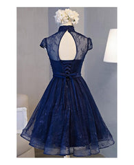 Evening Dress Long Sleeve Maxi, High Neck Homecoming Dress, Lace Dark Navy Lace-up Short Prom Dress