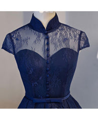 Evening Dress Maxi Long Sleeve, High Neck Homecoming Dress, Lace Dark Navy Lace-up Short Prom Dress