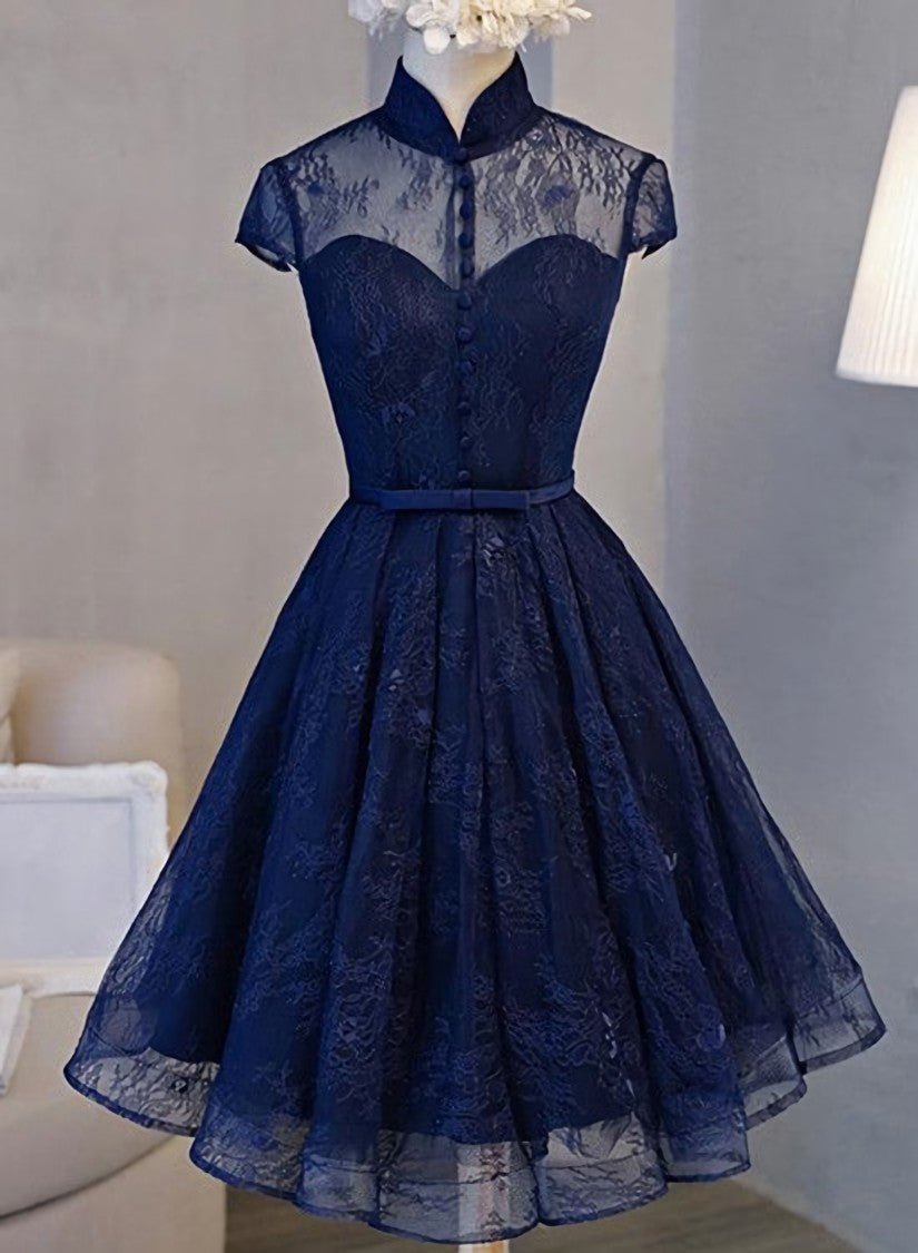 Evening Dress Modest, High Neck Homecoming Dress, Lace Dark Navy Lace-up Short Prom Dress