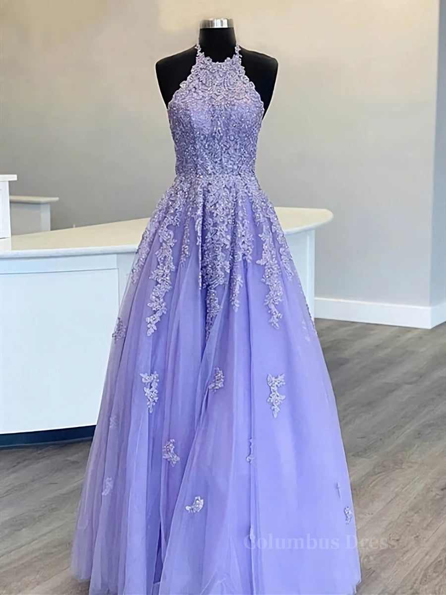 Bridesmaid Dresses Mauve, High Neck Long Purple Lace Prom Dresses, Purple Lace Formal Evening Dresses