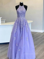 Bridesmaid Dresses Mauve, High Neck Long Purple Lace Prom Dresses, Purple Lace Formal Evening Dresses