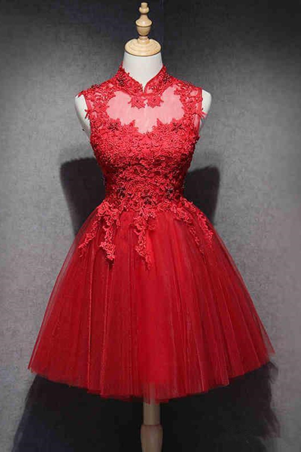 Black Prom Dress, High Neck Red Lace Short Prom Dress,Homecoming Dresses,Red Formal Graduation Evening Dress