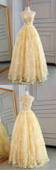 Formal Dress Styles, High Quality Lace Yellow Long Party Gown, A-line Evening Dress