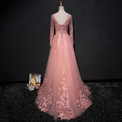 Formal Dresses With Sleeves, High Quality Tulle Party Dress with Lace Applique, Long Prom Gown