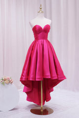 Bridesmaid Dress Elegant, Hot Pink Satin High Low Prom Dress, Cute Sweetheart Neck Evening Party Dress