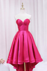 Bridesmaid Dress Formal, Hot Pink Satin High Low Prom Dress, Cute Sweetheart Neck Evening Party Dress