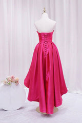 Bridesmaids Dresses Formal, Hot Pink Satin High Low Prom Dress, Cute Sweetheart Neck Evening Party Dress