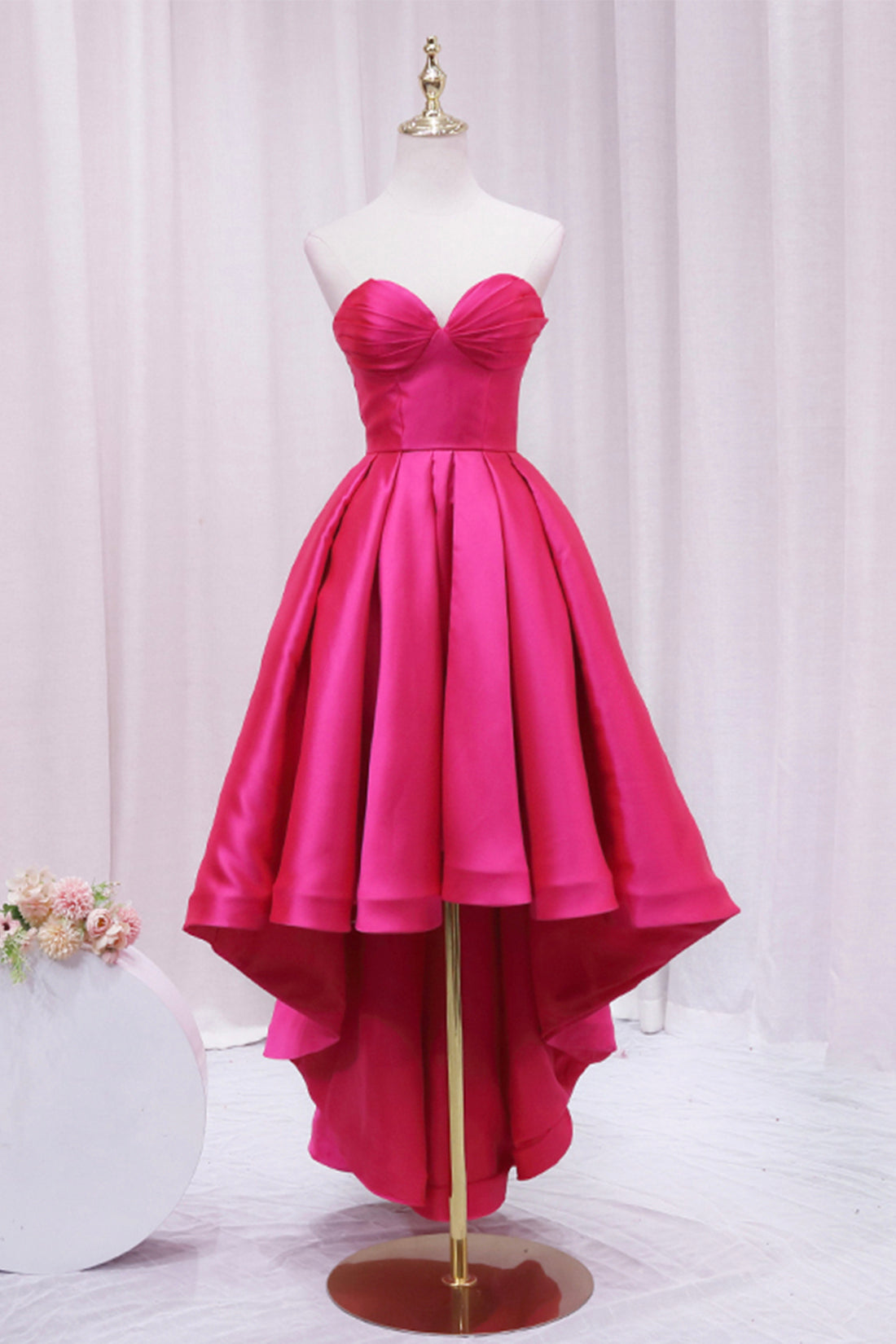 Bridesmaid Dresses Long, Hot Pink Satin High Low Prom Dress, Cute Sweetheart Neck Evening Party Dress