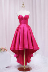 Bridesmaid Dresses Long, Hot Pink Satin High Low Prom Dress, Cute Sweetheart Neck Evening Party Dress