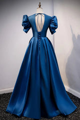 Party Dress Short Clubwear, Blue V Neck Satin Short Sleeves Long Prom Dress Blue Satin Evening Dress