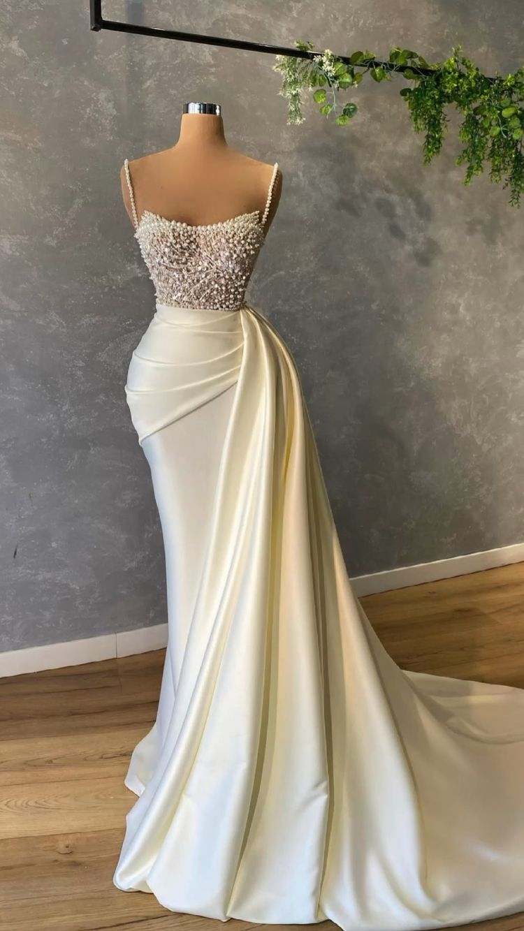 Party Dresses For Weddings, Ivory prom dress with pearl Prom Dresses Formal Evening Dresses