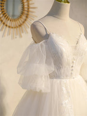 Evening Dresses Designer, Ivory Spaghetti Strap V-neck Lace Homecoming Dress, Tulle Short Prom Dress
