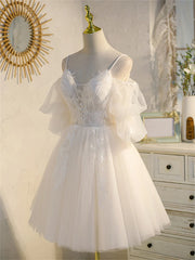 Evening Dress Designers, Ivory Spaghetti Strap V-neck Lace Homecoming Dress, Tulle Short Prom Dress