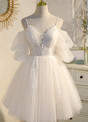 Evening Dresses Prom, Ivory Spaghetti Strap V-neck Lace Homecoming Dress, Tulle Short Prom Dress