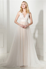 Wedding Dresses Colorful, Ivory Tulle Lace Scoop Neck Floor Length Wedding Dresses