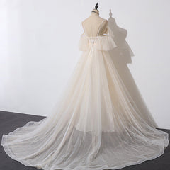 Ball Gown, Ivory Tulle V-neckline Straps Off Shoulder Long Evening Dress, A-line Prom Dress Party Dress