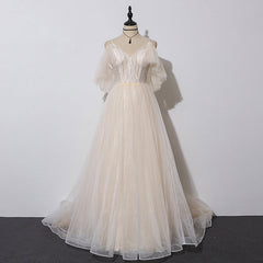 Mini Dress, Ivory Tulle V-neckline Straps Off Shoulder Long Evening Dress, A-line Prom Dress Party Dress