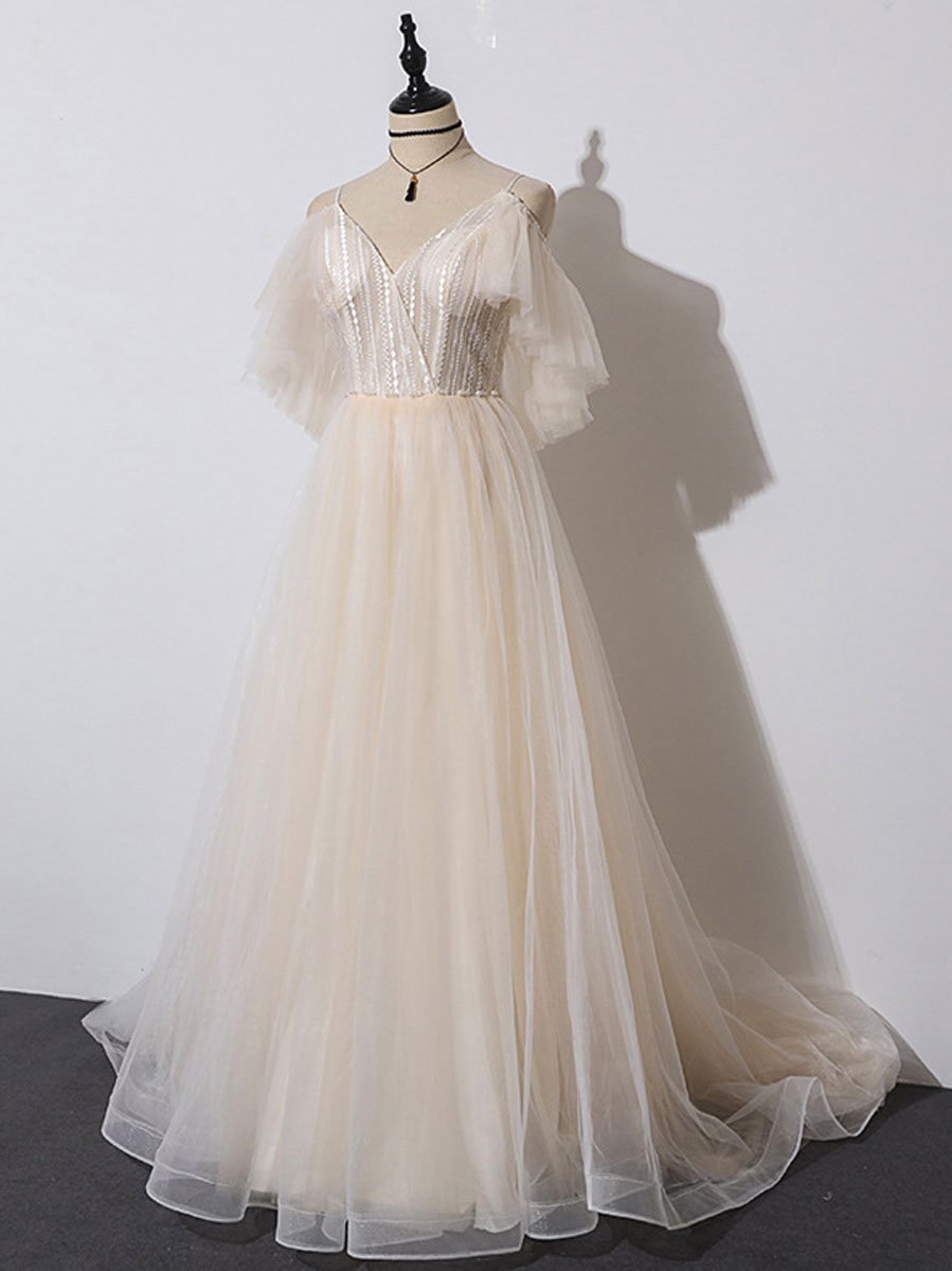 Cocktail Dress, Ivory Tulle V-neckline Straps Off Shoulder Long Evening Dress, A-line Prom Dress Party Dress