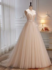 Party Dress And Style, Ivory Tulle with Flowers Straps Prom Dress, A-line Ivory Party Dress