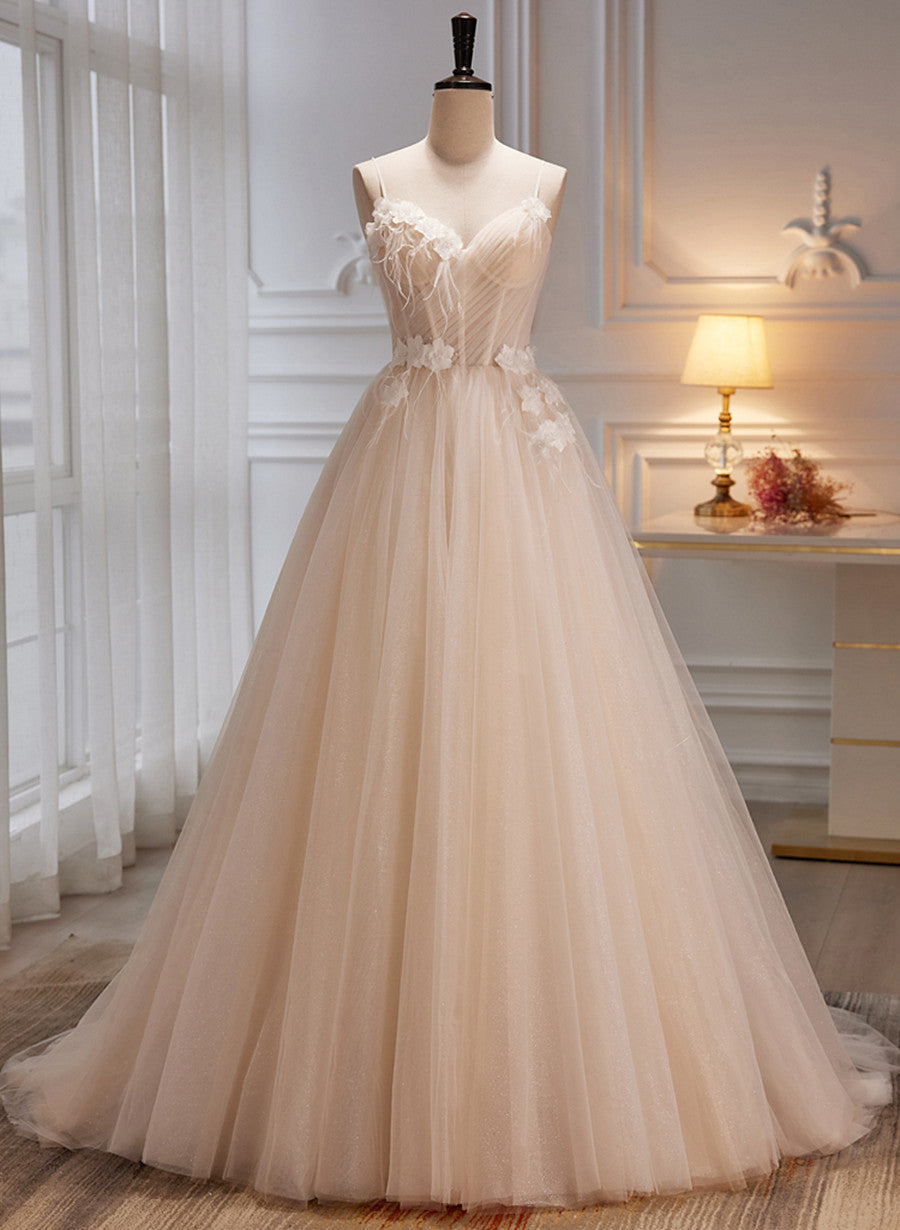 Party Dresses Express, Ivory Tulle with Flowers Straps Prom Dress, A-line Ivory Party Dress