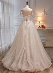 Party Dresse Idea, Ivory Tulle with Flowers Sweetheart A-line Long Prom Dress, Elegant Formal Dress