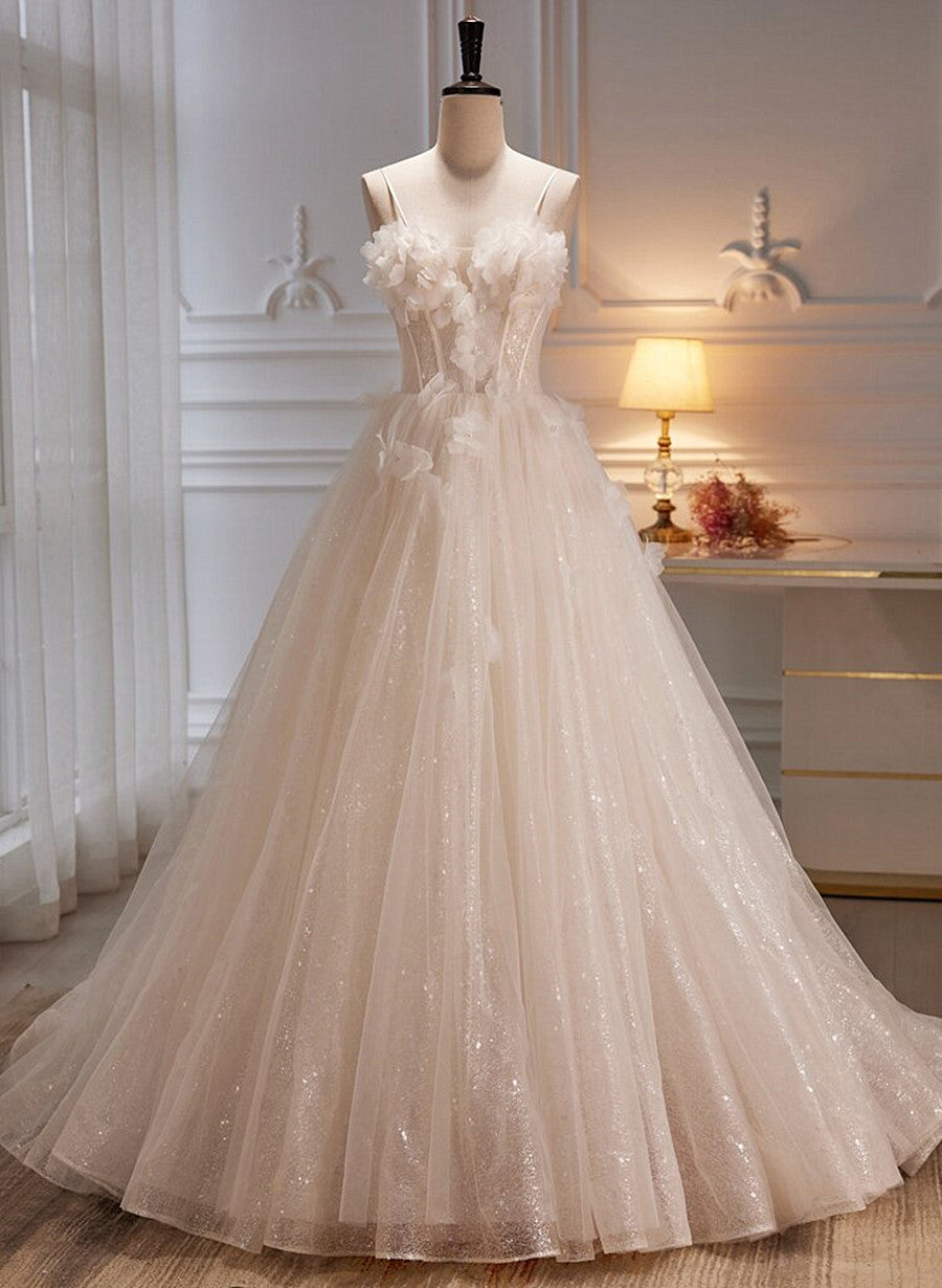 Party Dress Prom, Ivory Tulle with Flowers Sweetheart A-line Long Prom Dress, Elegant Formal Dress