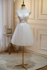 Satin Dress, Ivory V Neck Tulle Lace Knee Length Prom Dress, Cute A-Line Homecoming Dress