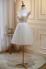 Wedding Guest Outfit, Ivory V Neck Tulle Lace Knee Length Prom Dress, Cute A-Line Homecoming Dress