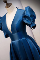 Party Dress Miami, Blue V Neck Satin Short Sleeves Long Prom Dress Blue Satin Evening Dress