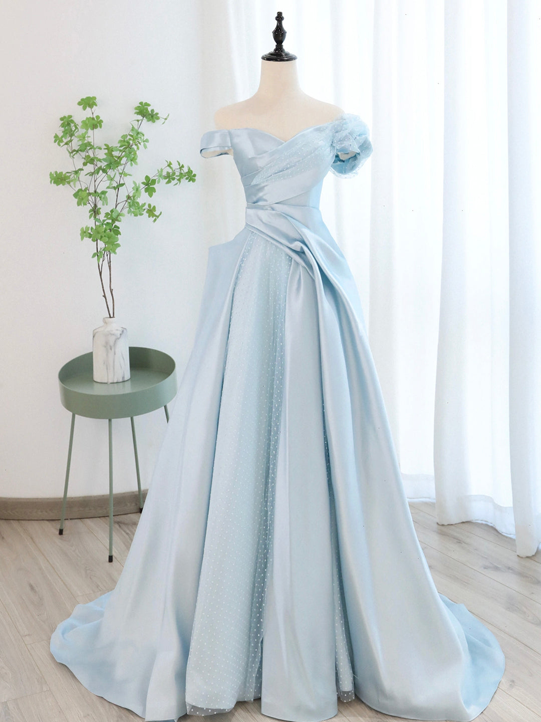 Party Dresses Online, Blue Satin Tulle Long Prom Dress, Off Shoulder Formal Evening Dress