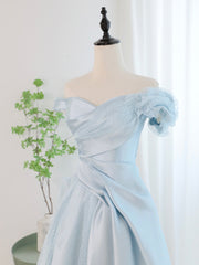 Party Dresses For Teens, Blue Satin Tulle Long Prom Dress, Off Shoulder Formal Evening Dress