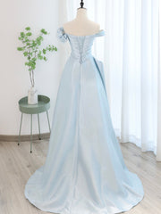 Party Dresses Short, Blue Satin Tulle Long Prom Dress, Off Shoulder Formal Evening Dress