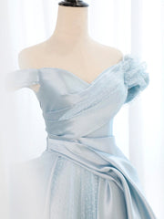 Party Dress Ideas, Blue Satin Tulle Long Prom Dress, Off Shoulder Formal Evening Dress