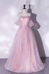 Bridesmaids Dresses Convertible, Pink Tulle Sequins Long Prom Dress, A-Line Formal Graduation Dress