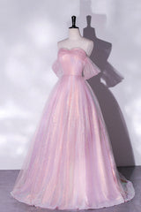 Bridesmaid Dresses Convertable, Pink Tulle Sequins Long Prom Dress, A-Line Formal Graduation Dress