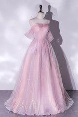 Bridesmaid Dresses Convertible, Pink Tulle Sequins Long Prom Dress, A-Line Formal Graduation Dress