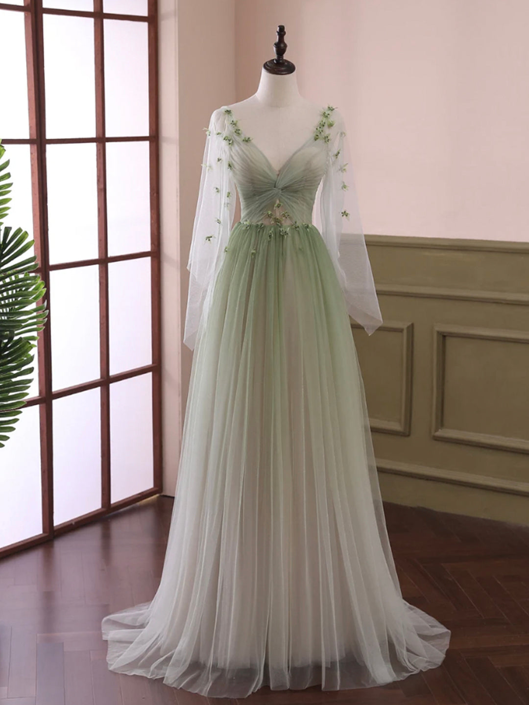 Purple Prom Dress, Light Green Tulle Long Sleeve Prom Dress, Green Gradient Floor Length Evening Dress