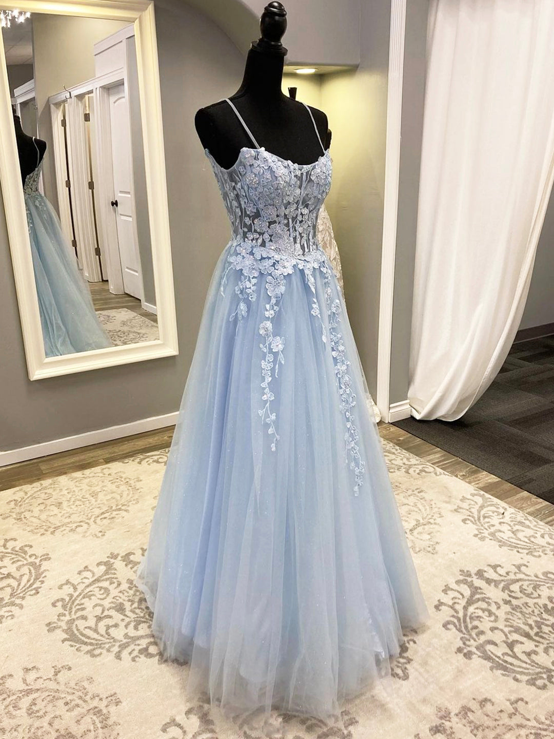 Party Dress Stores, Blue Spaghetti Strap Tulle Long Prom Dress with Lace, A-Line Evening Party Dress