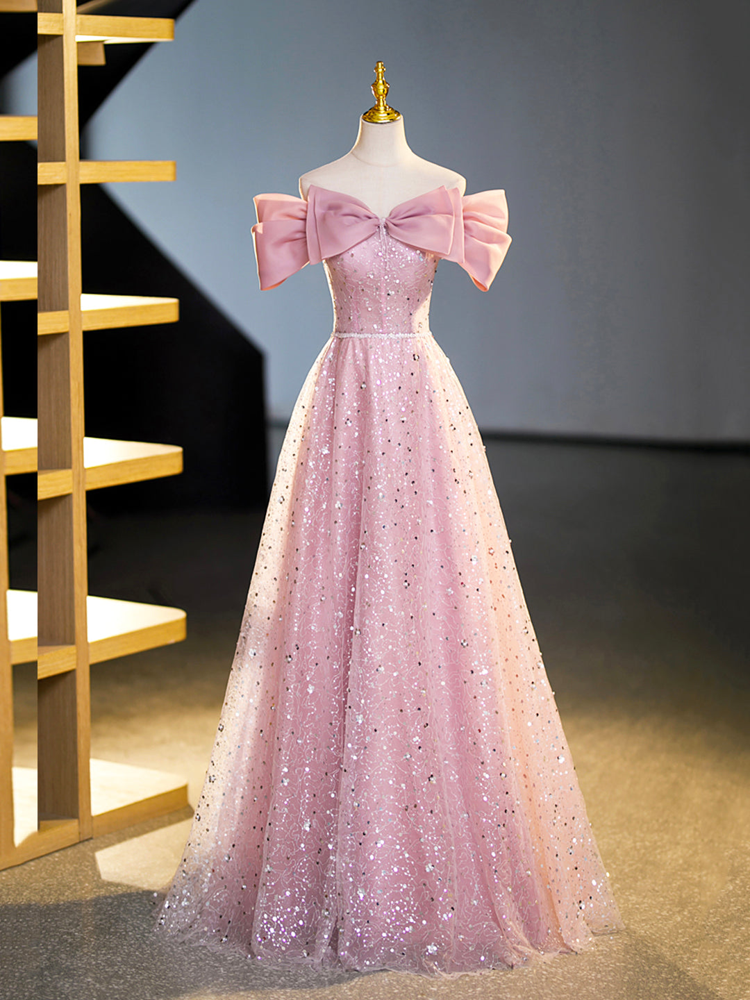 Party Dresses Winter, Sparkly Off-Shoulder Sequins Floor Length Formal Dress, Beautiful Pink Prom Dress