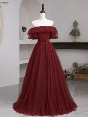 Formal Dresses Size 34, Burgundy Tulle Floor Length Prom Dress, Simple A-Line Evening Party Dress