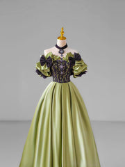 Prom Dress Places, Green Satin Lace Long Prom Dress, Beautiful A-Line Evening Dress with Bow